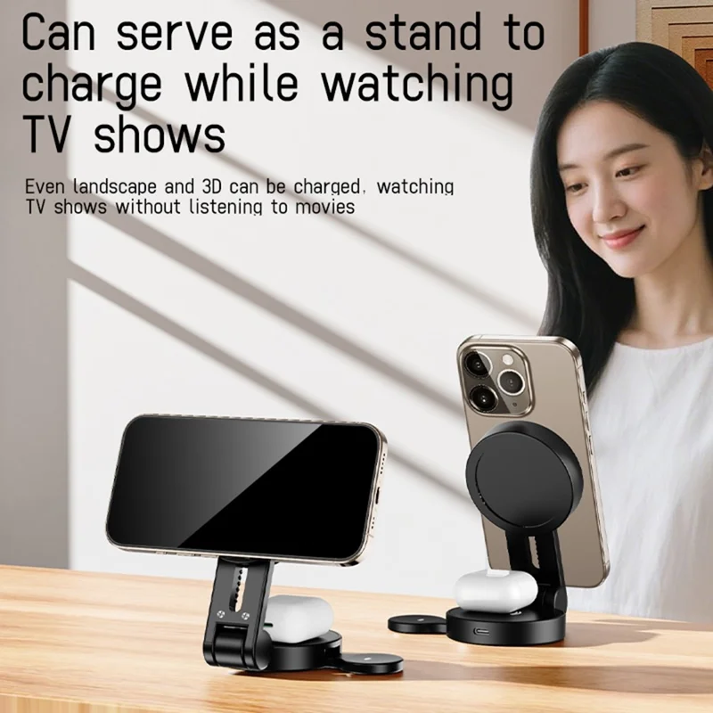 H68 3 in 1 15W Foldable Magnetic Wireless Charger ABS + PC for Phone Earbuds Watch - Black