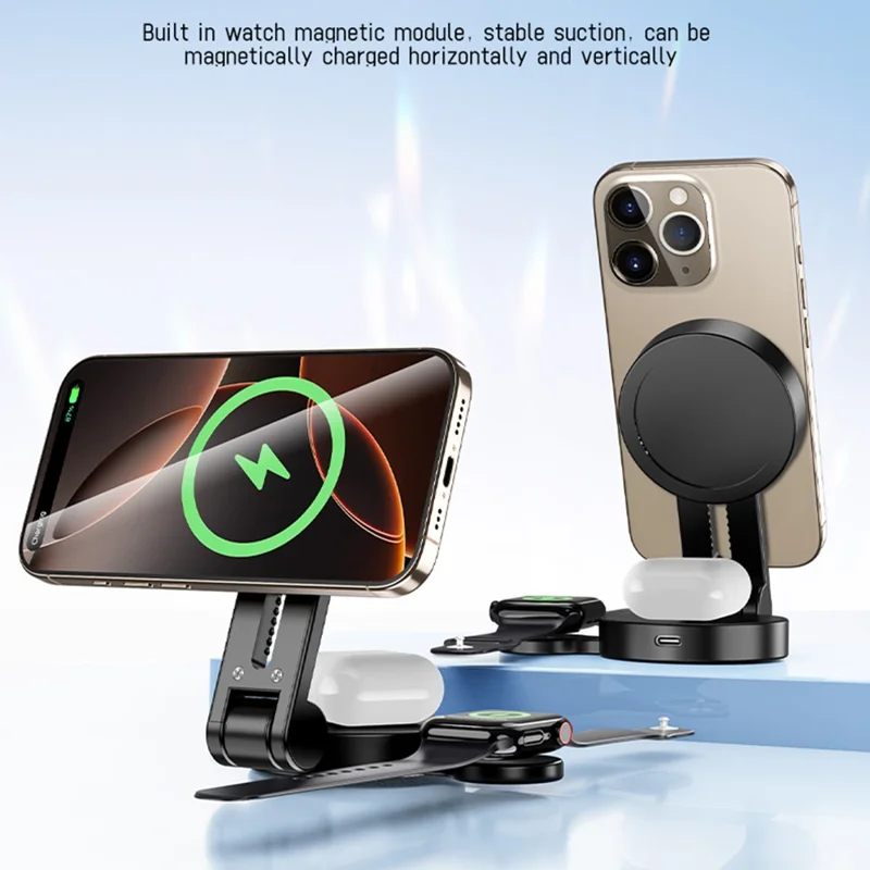 H68 3 in 1 15W Foldable Magnetic Wireless Charger ABS + PC for Phone Earbuds Watch - Black