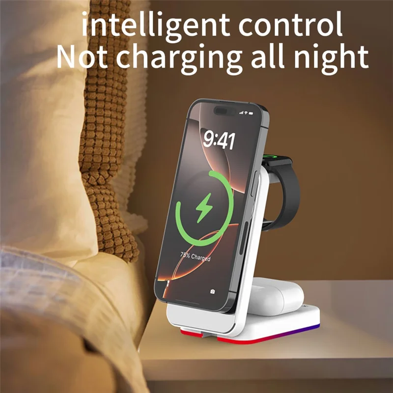 H64 3 in 1 15W Foldable Magnetic Wireless Charging Stand with RGB Lighting - Black