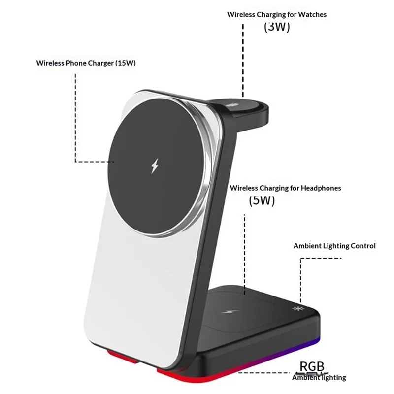 H64 3 in 1 15W Foldable Magnetic Wireless Charging Stand with RGB Lighting - Black