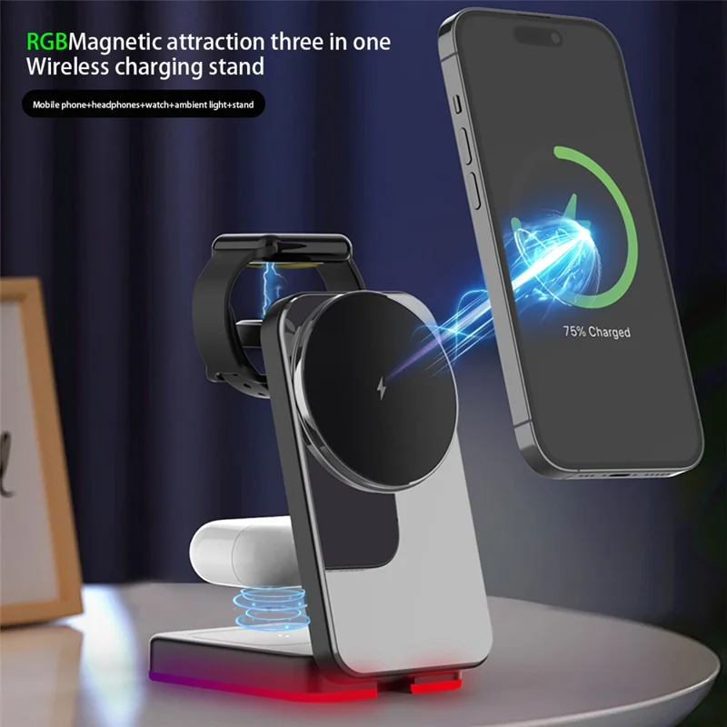 H64 3 in 1 15W Foldable Magnetic Wireless Charging Stand with RGB Lighting - Black