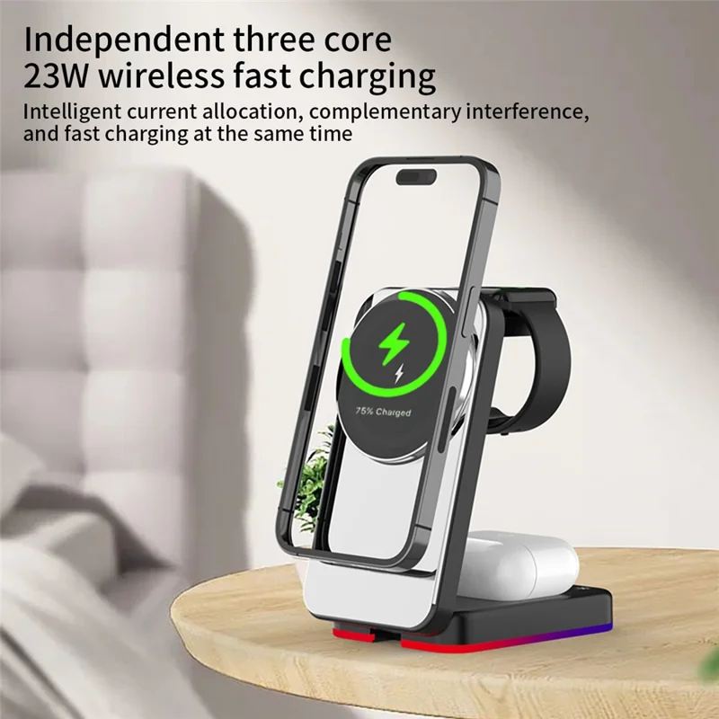 H64 3 in 1 15W Foldable Magnetic Wireless Charging Stand with RGB Lighting - Black