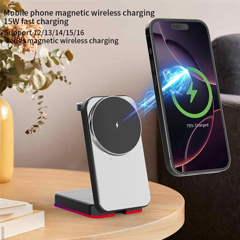 H64 3 in 1 15W Foldable Magnetic Wireless Charging Stand with RGB Lighting - Black