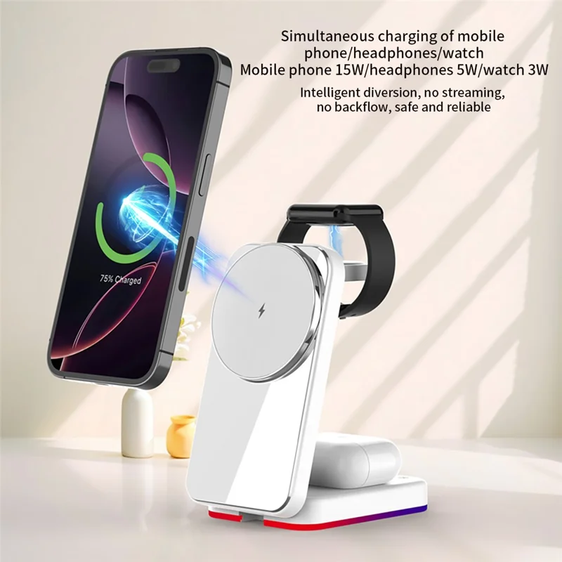 H64 3 in 1 15W Foldable Magnetic Wireless Charging Stand with RGB Lighting - Black