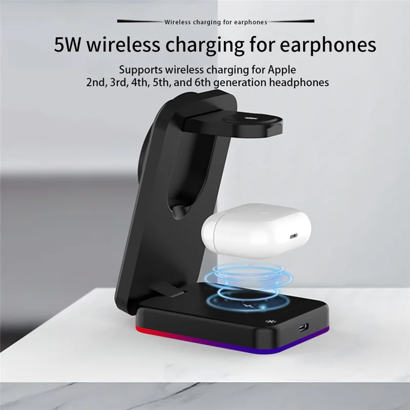 H64 3 in 1 15W Foldable Magnetic Wireless Charging Stand with RGB Lighting - Black
