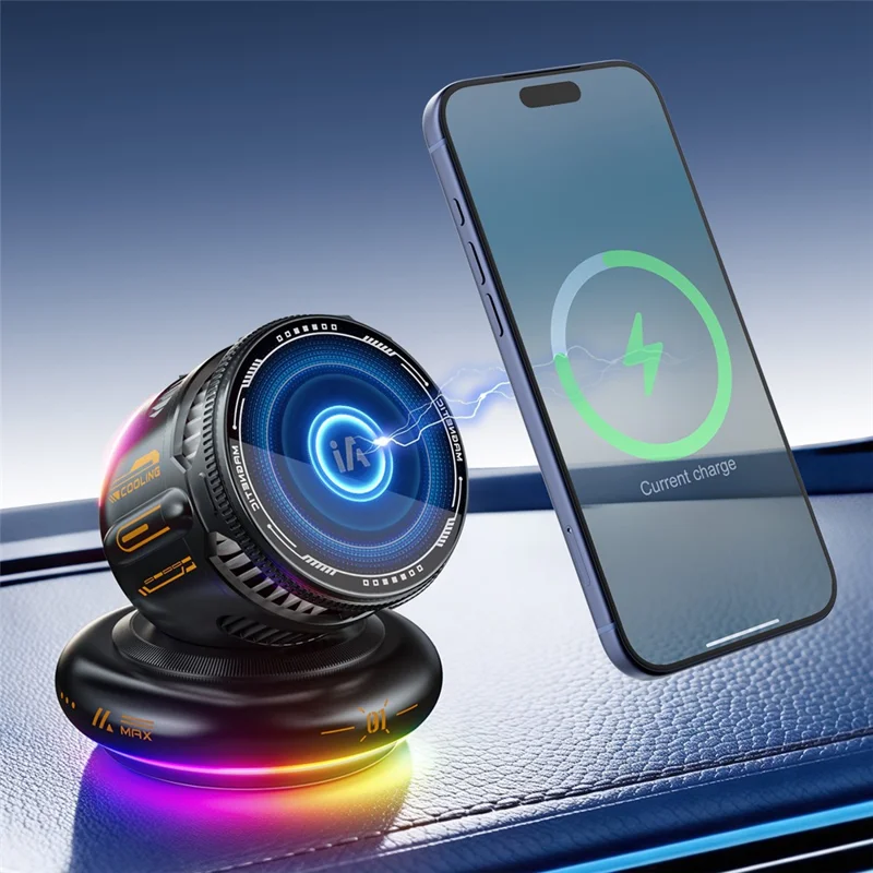 D3 15W Wireless Charging Car Mount Cooling Fan RGB Light Phone Holder for Car Navigation - Black