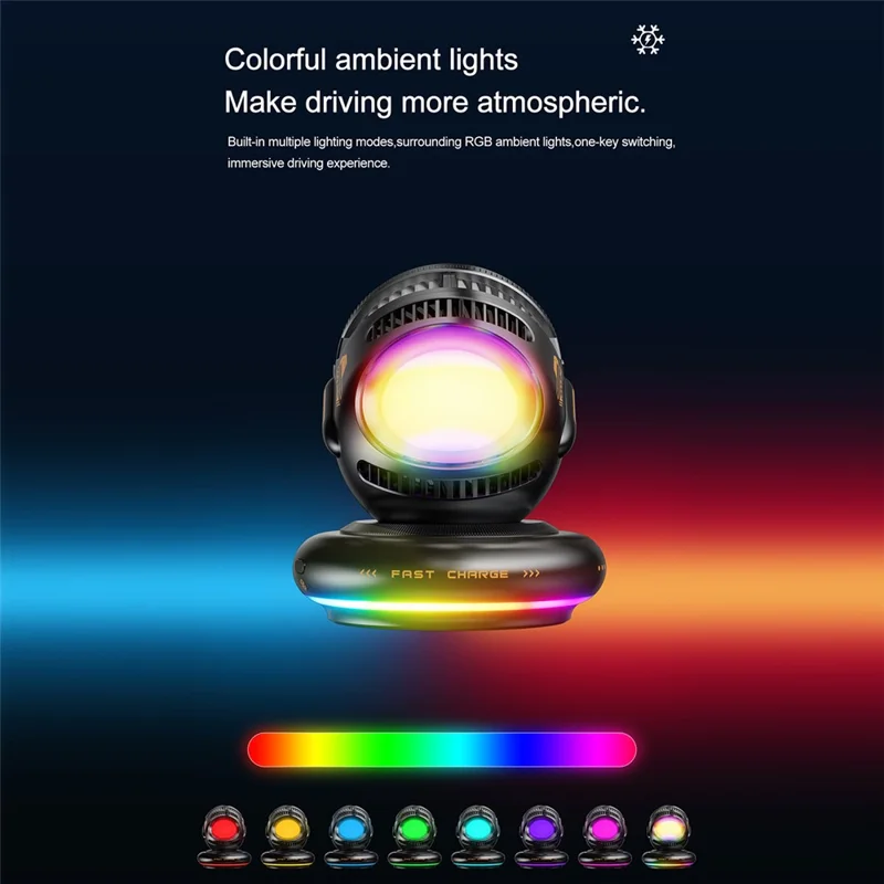 D3 15W Wireless Charging Car Mount Cooling Fan RGB Light Phone Holder for Car Navigation - Black