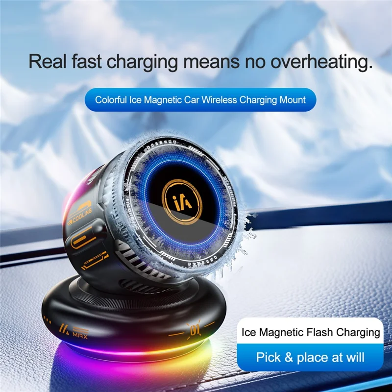 D3 15W Wireless Charging Car Mount Cooling Fan RGB Light Phone Holder for Car Navigation - Black