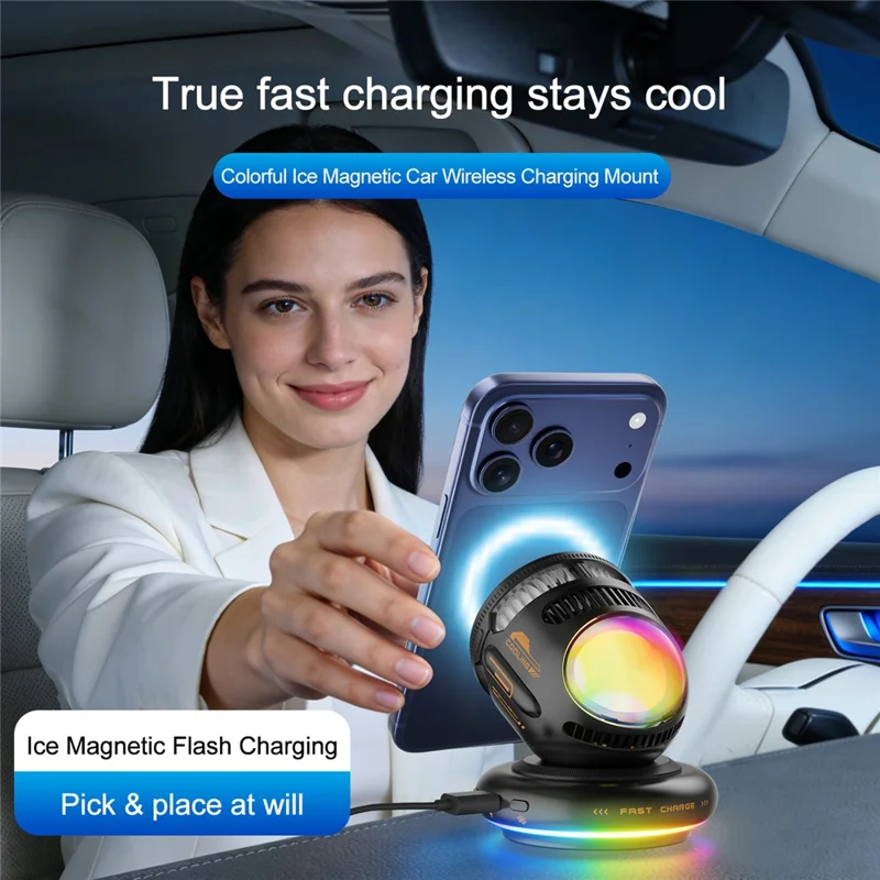 D3 15W Wireless Charging Car Mount Cooling Fan RGB Light Phone Holder for Car Navigation - Black