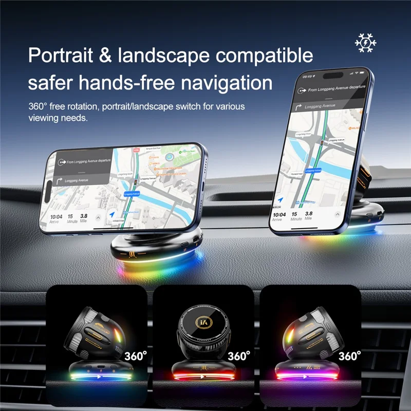 D3 15W Wireless Charging Car Mount Cooling Fan RGB Light Phone Holder for Car Navigation - Black