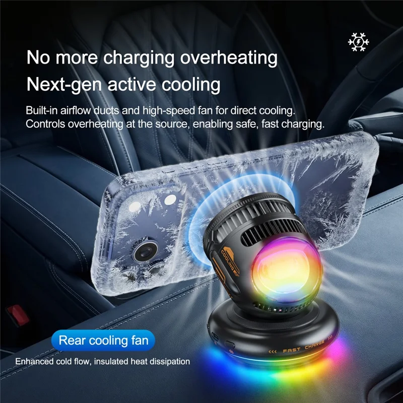 D3 15W Wireless Charging Car Mount Cooling Fan RGB Light Phone Holder for Car Navigation - Black