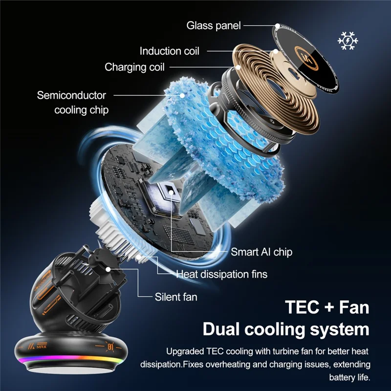 D3 15W Wireless Charging Car Mount Cooling Fan RGB Light Phone Holder for Car Navigation - Black