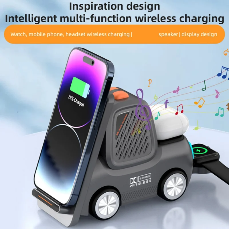 T30S 15W 3 in 1 Car-Shaped Wireless Charger with Bluetooth-compatible 5.3 Speaker - Grey