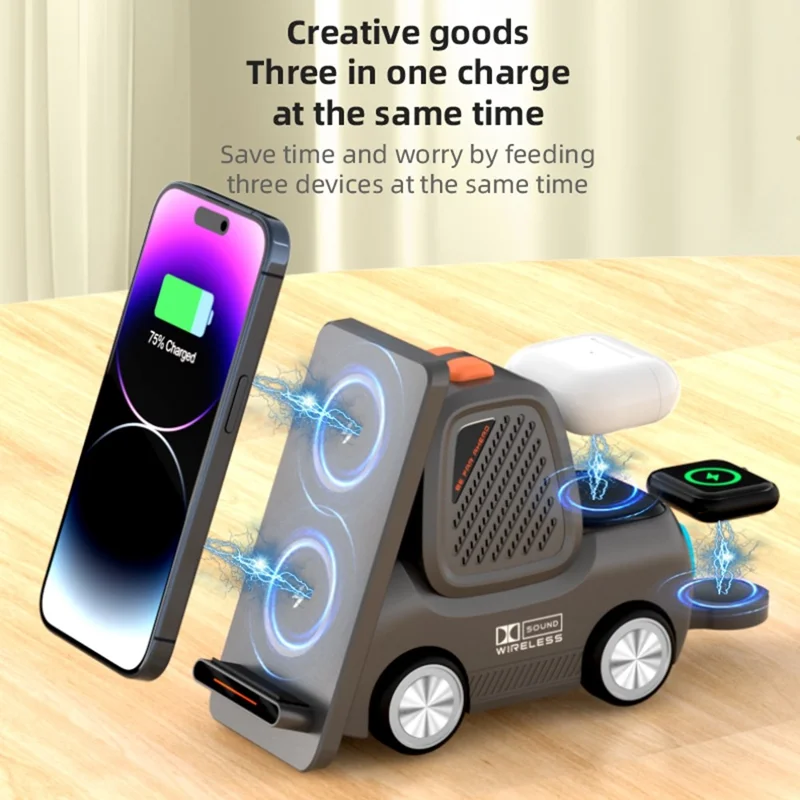 T30S 15W 3 in 1 Car-Shaped Wireless Charger with Bluetooth-compatible 5.3 Speaker - Grey