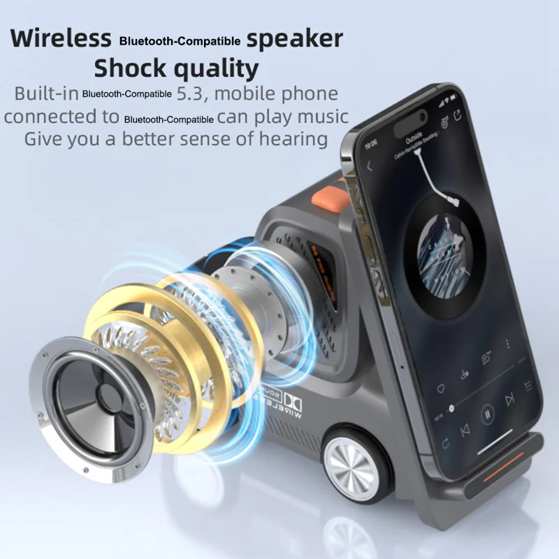 T30S 15W 3 in 1 Car-Shaped Wireless Charger with Bluetooth-compatible 5.3 Speaker - Grey