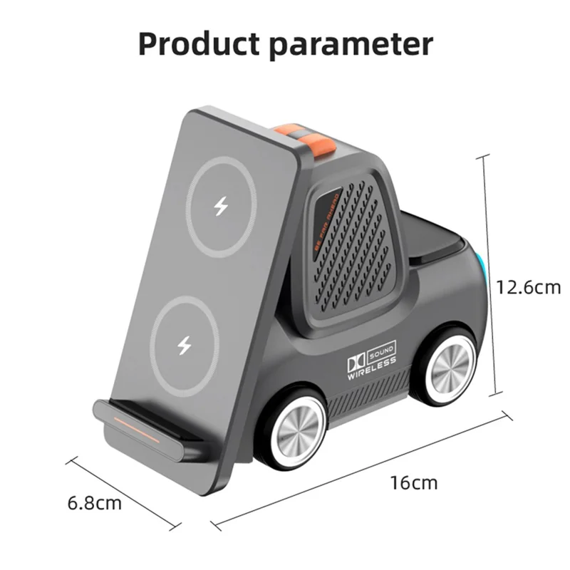 T30S 15W 3 in 1 Car-Shaped Wireless Charger with Bluetooth-compatible 5.3 Speaker - Grey