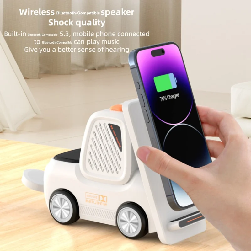 T30S 15W 3 in 1 Car-Shaped Wireless Charger with Bluetooth-compatible 5.3 Speaker - Yellow