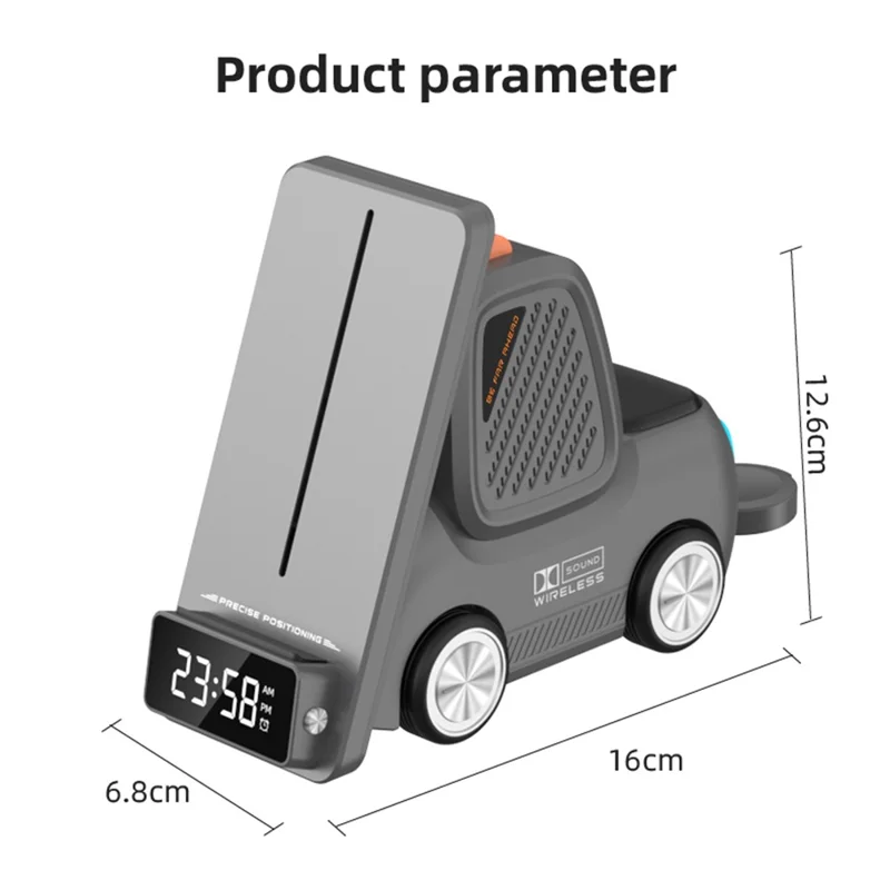 T30 15W 3 in 1 Wireless Charging Stand with Bluetooth-compatible 5.3 Speaker and Digital Clock - Grey