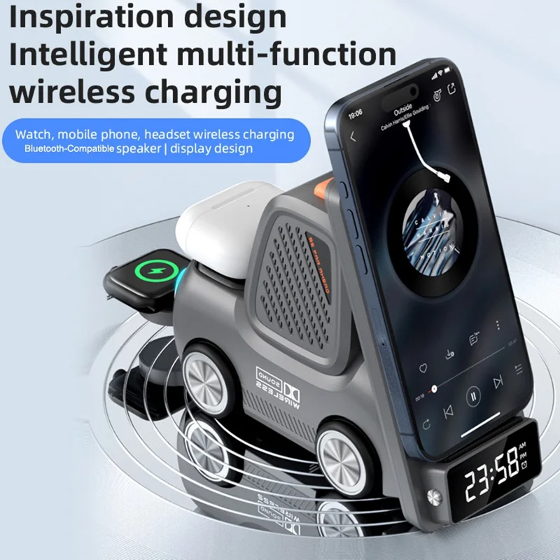 T30 15W 3 in 1 Wireless Charging Stand with Bluetooth-compatible 5.3 Speaker and Digital Clock - White