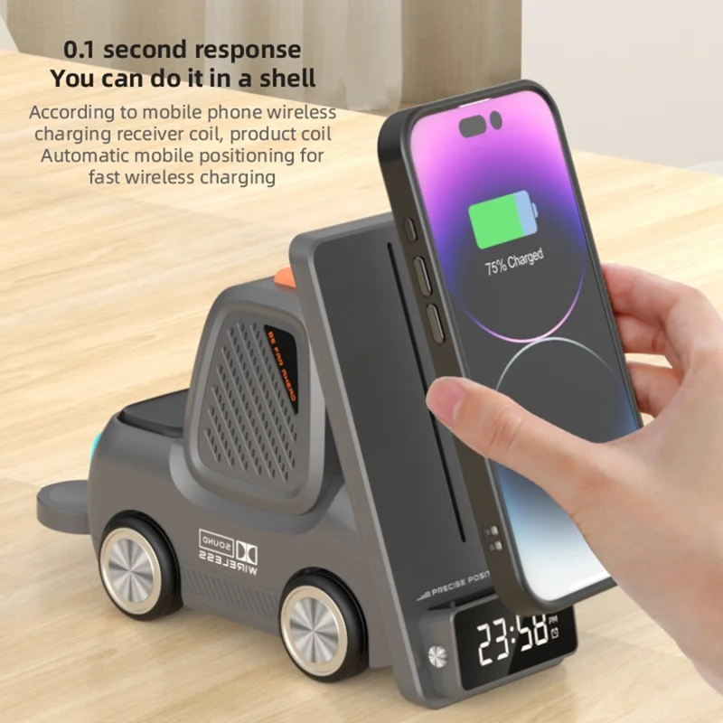 T30 15W 3 in 1 Wireless Charging Stand with Bluetooth-compatible 5.3 Speaker and Digital Clock - White