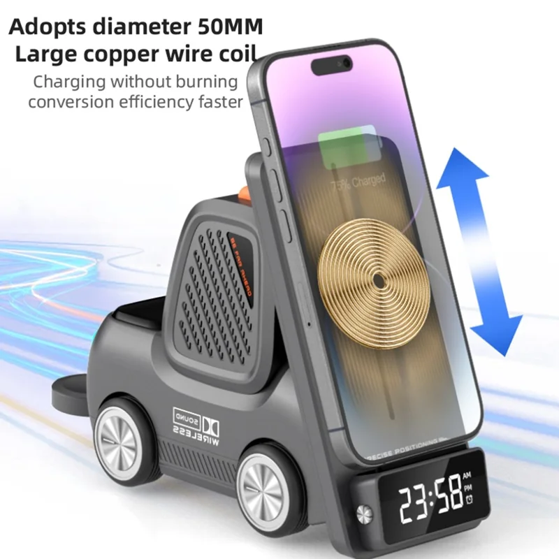 T30 15W 3 in 1 Wireless Charging Stand with Bluetooth-compatible 5.3 Speaker and Digital Clock - White