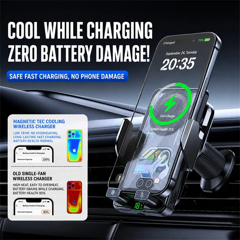 A8 15W TEC Cooling Wireless Charging Car Phone Holder with AI Temperature Control LED Display for Driving