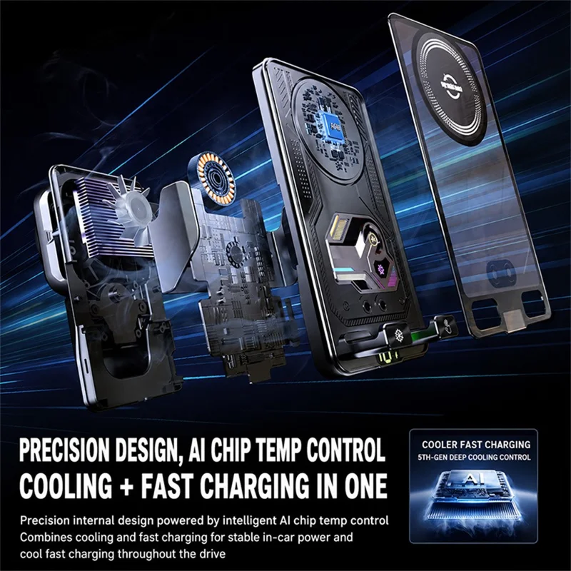 A8 15W TEC Cooling Wireless Charging Car Phone Holder with AI Temperature Control LED Display for Driving