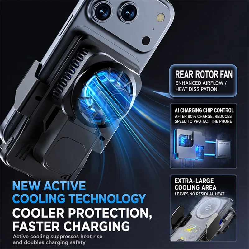 A8 15W TEC Cooling Wireless Charging Car Phone Holder with AI Temperature Control LED Display for Driving