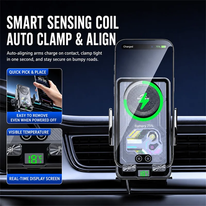 A8 15W TEC Cooling Wireless Charging Car Phone Holder with AI Temperature Control LED Display for Driving