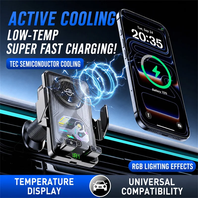 A8 15W TEC Cooling Wireless Charging Car Phone Holder with AI Temperature Control LED Display for Driving