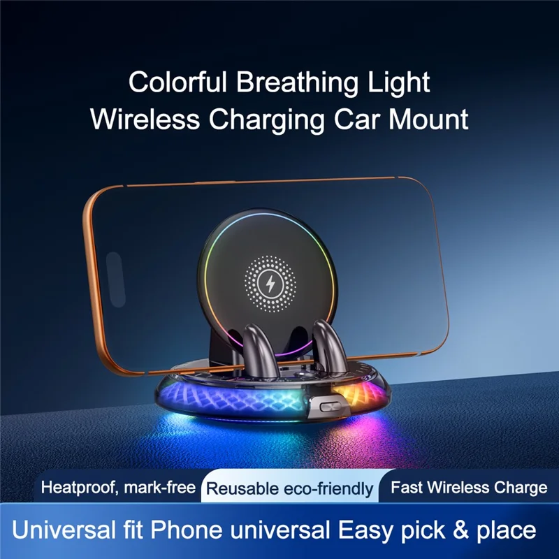 D9 15W Wireless Charging Car Mount RGB Ambient Light 360 Degree Rotating Base for Car Dashboard - Black