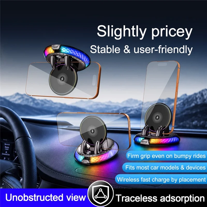 D9 15W Wireless Charging Car Mount RGB Ambient Light 360 Degree Rotating Base for Car Dashboard - Black