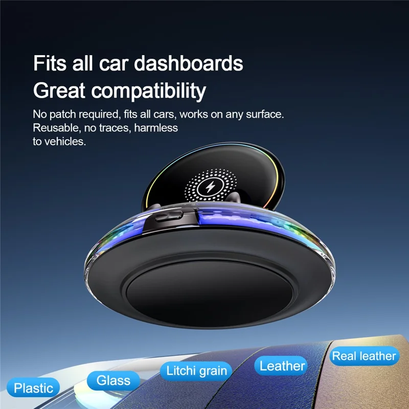 D9 15W Wireless Charging Car Mount RGB Ambient Light 360 Degree Rotating Base for Car Dashboard - Black