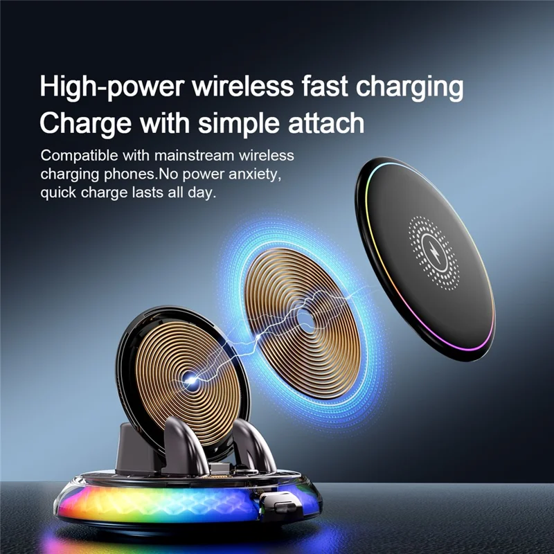 D9 15W Wireless Charging Car Mount RGB Ambient Light 360 Degree Rotating Base for Car Dashboard - Black