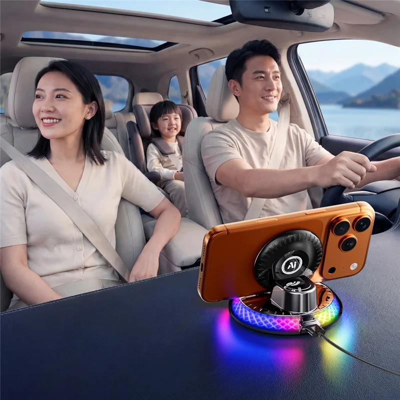 D9 15W Wireless Charging Car Mount RGB Ambient Light 360 Degree Rotating Base for Car Dashboard - Black
