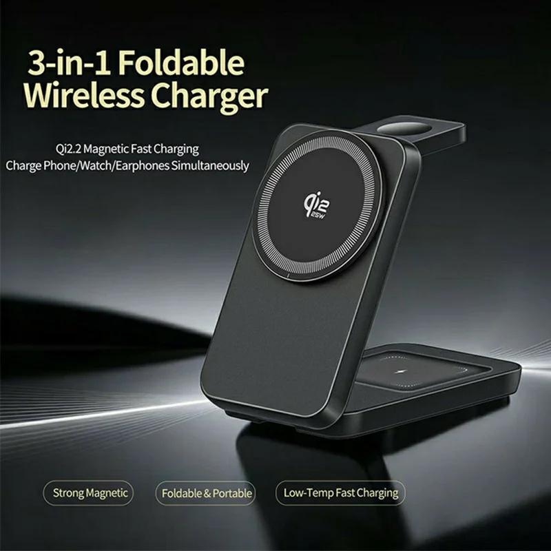OJD-112A 25W Foldable Magnetic 3 in 1 Wireless Charger for Phone / Smartwatch / Wireless Earbuds - Black