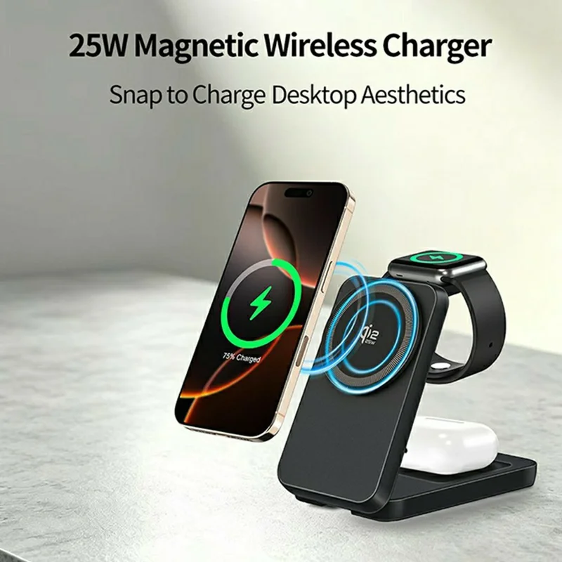 OJD-112A 25W Foldable Magnetic 3 in 1 Wireless Charger for Phone / Smartwatch / Wireless Earbuds - Black