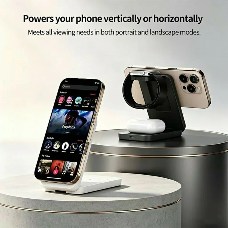 OJD-112A 25W Foldable Magnetic 3 in 1 Wireless Charger for Phone / Smartwatch / Wireless Earbuds - Black