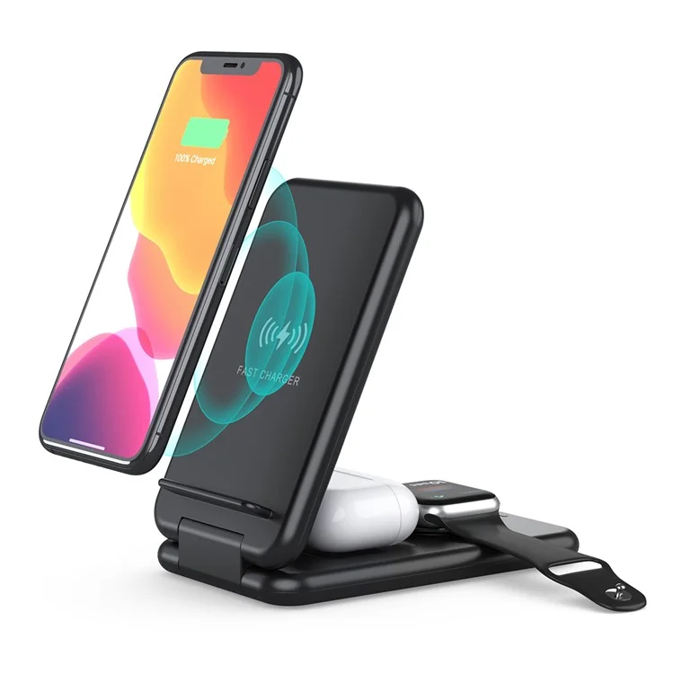 B-13 3-en-1 15W Chargeur Sans Fil du Support de Téléphone Portable Téleannard Pliable Pour la Montre Apple Watch / AirPods - le Noir