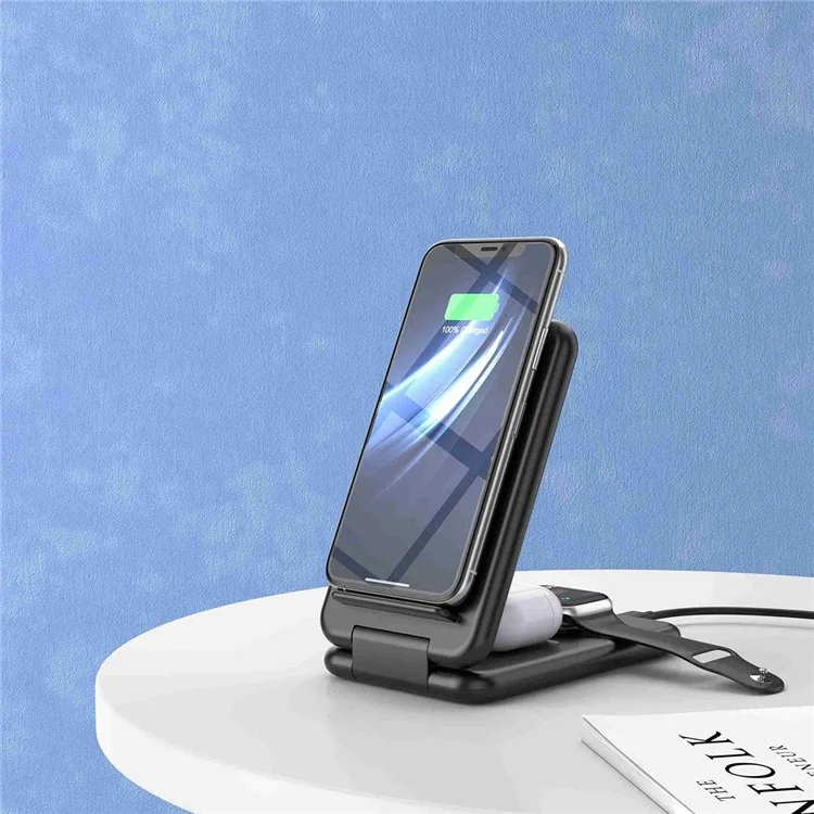 B-13 3-en-1 15W Chargeur Sans Fil du Support de Téléphone Portable Téleannard Pliable Pour la Montre Apple Watch / AirPods - le Noir