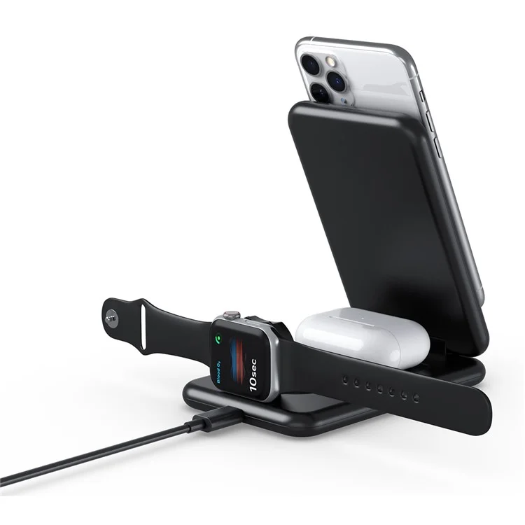 B-13 3-en-1 15W Chargeur Sans Fil du Support de Téléphone Portable Téleannard Pliable Pour la Montre Apple Watch / AirPods - le Noir