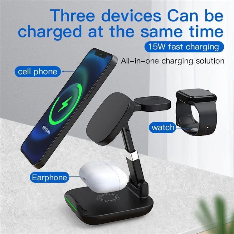 YF-T9 3-in-1 15W Magnetischer Drahtloser Ladegerät Mobiltelefon Smartwatch Earphone Fast Lading Dock Ständer - Schwarz