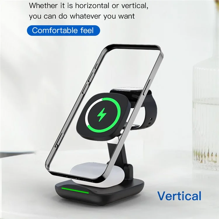 YF-T9 3-in-1 15W Magnetischer Drahtloser Ladegerät Mobiltelefon Smartwatch Earphone Fast Lading Dock Ständer - Schwarz
