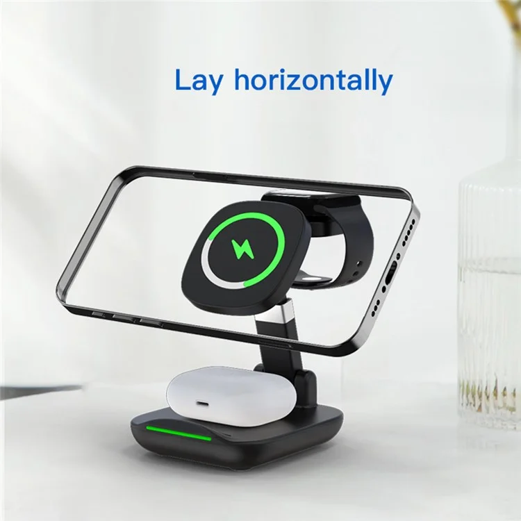 YF-T9 3-in-1 15W Magnetischer Drahtloser Ladegerät Mobiltelefon Smartwatch Earphone Fast Lading Dock Ständer - Schwarz