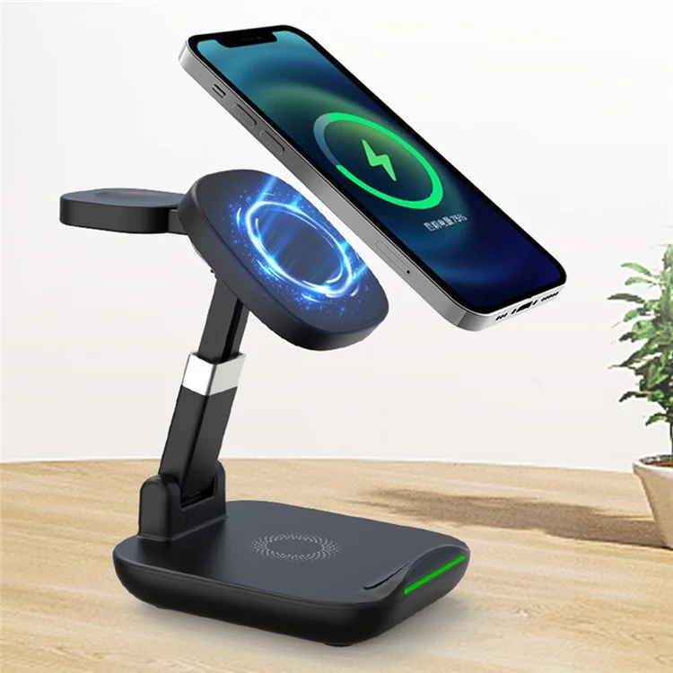 YF-T9 3-in-1 15W Magnetischer Drahtloser Ladegerät Mobiltelefon Smartwatch Earphone Fast Lading Dock Ständer - Schwarz