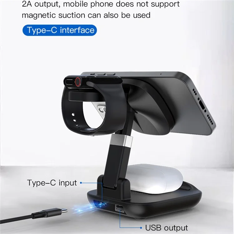 YF-T9 3-in-1 15W Magnetischer Drahtloser Ladegerät Mobiltelefon Smartwatch Earphone Fast Lading Dock Ständer - Schwarz
