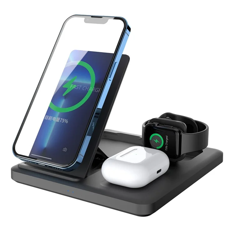 C18 15W Wireless Carging Stand Para Iphone / Apple Watch / AirPods Pro 3-en-1 Cargador Plegable de Ángulo Ajustable