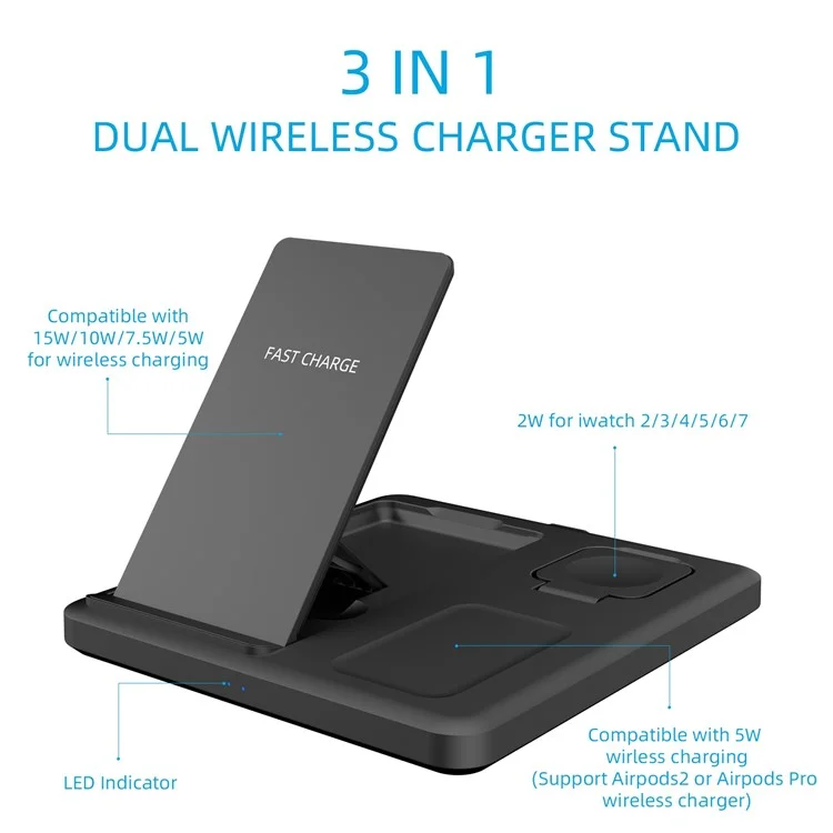 C18 15W Wireless Carging Stand Para Iphone / Apple Watch / AirPods Pro 3-en-1 Cargador Plegable de Ángulo Ajustable