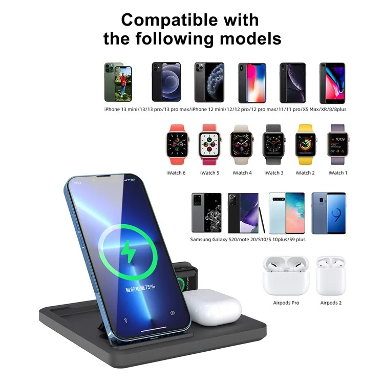 C18 15W Wireless Carging Stand Para Iphone / Apple Watch / AirPods Pro 3-en-1 Cargador Plegable de Ángulo Ajustable