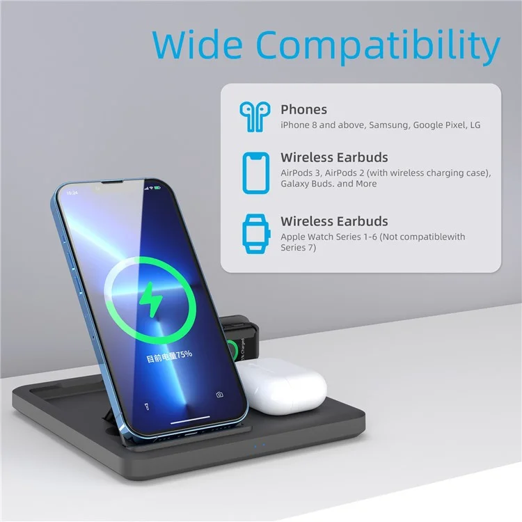 C18 15W Wireless Carging Stand Para Iphone / Apple Watch / AirPods Pro 3-en-1 Cargador Plegable de Ángulo Ajustable